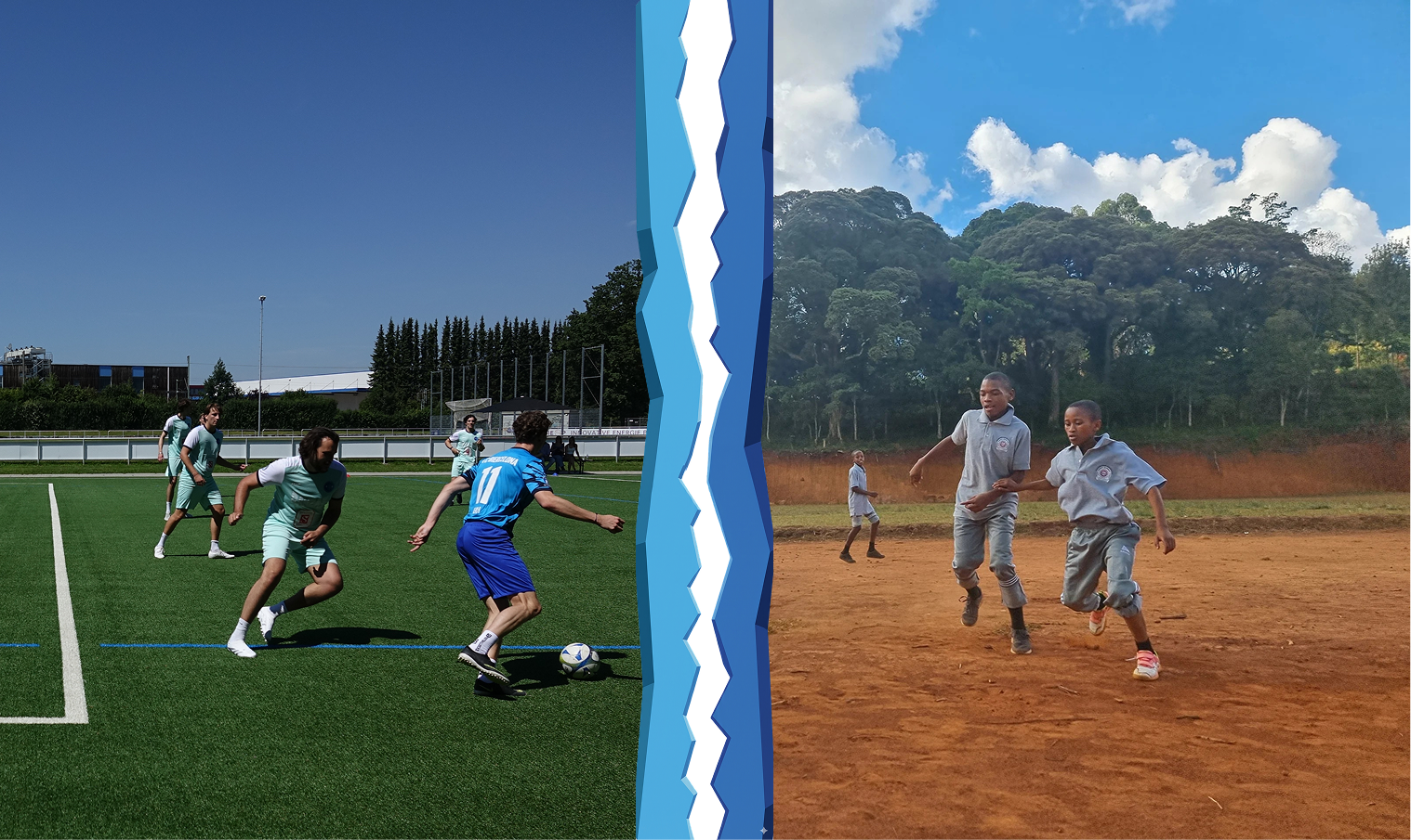 Links: Spielszene vom Baierbrunner Bolzen Turnier 2025. Rechts: Schülerinnen und Schüler der Cathy Hammer Secondary School in Lushoto beim Fußballspielen.